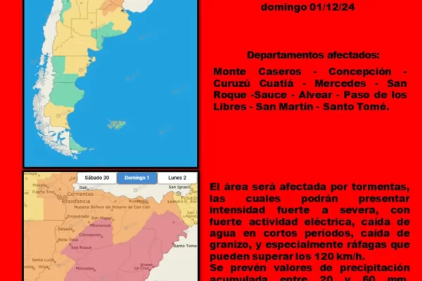 El Comando Operativo de Emergencias informa alertas roja y naranja para toda la provincia de Corrientes, durante este domingo