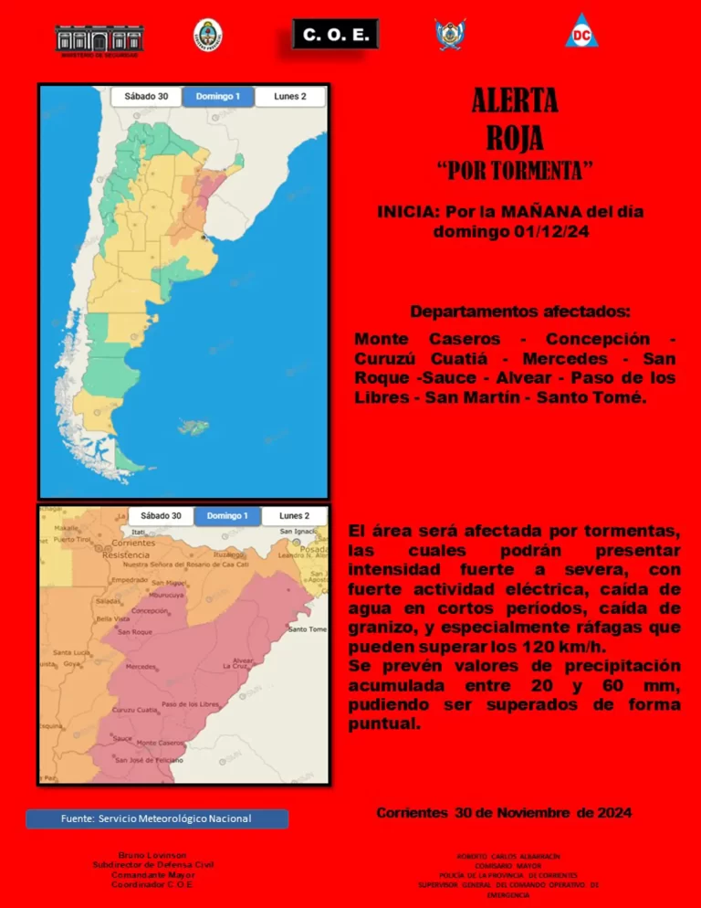 El Comando Operativo de Emergencias informa alertas roja y naranja para toda la provincia de Corrientes, durante este domingo