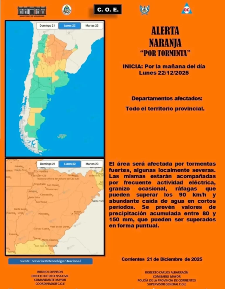 El COE comunicó un Alerta Naranja para toda la provincia de Corrientes